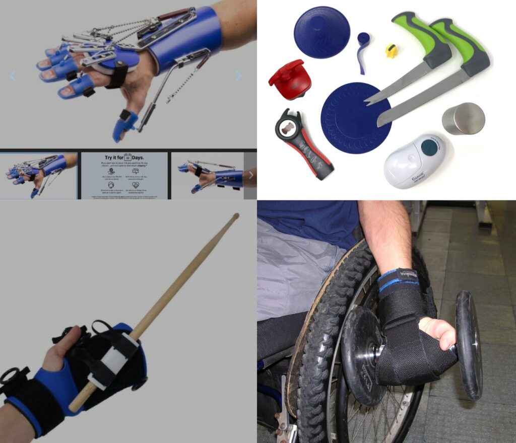 Alt text – A collage of four photographs showing assistive devices to help people with disabilities. Top right: A selection of one-handed kitchen gadgets. Top left: A person wearing a device resembling a robot hand, described in detail below. Bottom right and left: Two people's hands are shown using different gripping devices, one to hold a drumstick, and the other is "curling" a barbell.