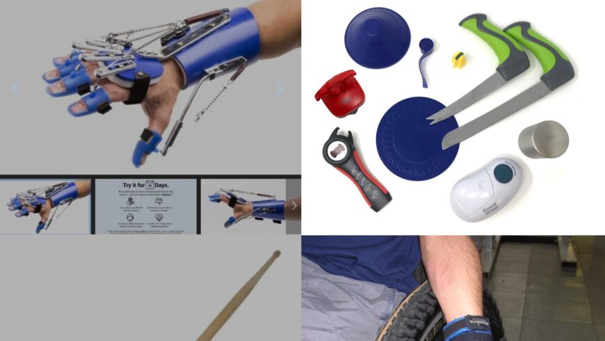 Alt text – A collage of four photographs showing assistive devices to help people with disabilities. Top right: A selection of one-handed kitchen gadgets. Top left: A person wearing a device resembling a robot hand, described in detail below. Bottom right and left: Two people's hands are shown using different gripping devices, one to hold a drumstick, and the other is "curling" a barbell.