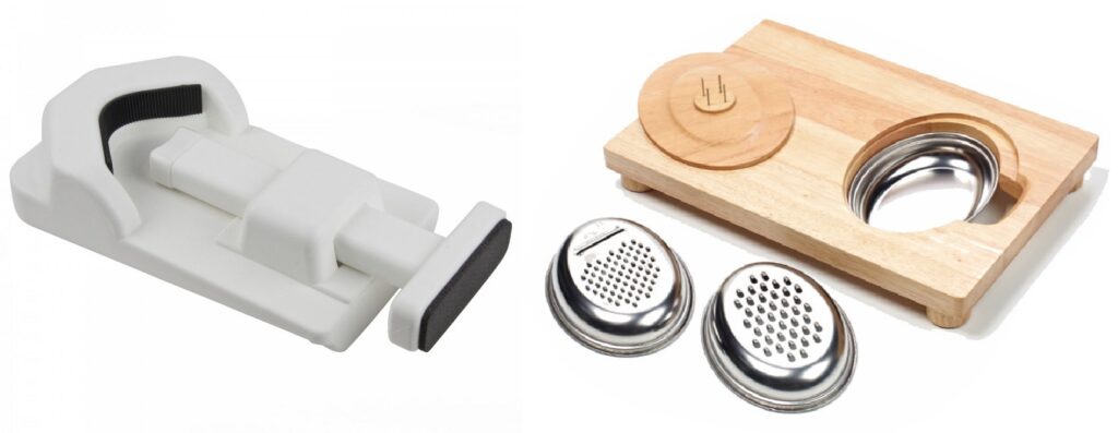 Alt text: Image right: The "Belliclamp jar and bottle opener". No feet or bending necessary. Left: The "Food Preparation Board" – A wooden cutting board with recess metal catch tray, the included graders/slicers, and the wooden device with spikes to hold food in place.