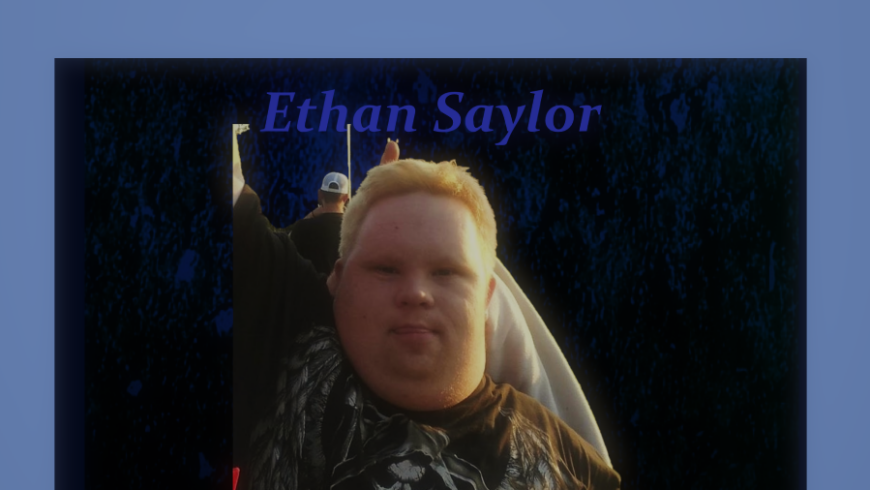 Photograph of Ethan Saylor raising his arm in the air, and holding books in his other hand, with sunlight highlighting the right side of his face. The blue and black gradient background is framed in light blue. The words "Ethan Saylor – Always Remembered" are superimposed on the image. In the bottom quarter in small gray text reads "Out Of Exile_IDR". Original photo: Associated Press