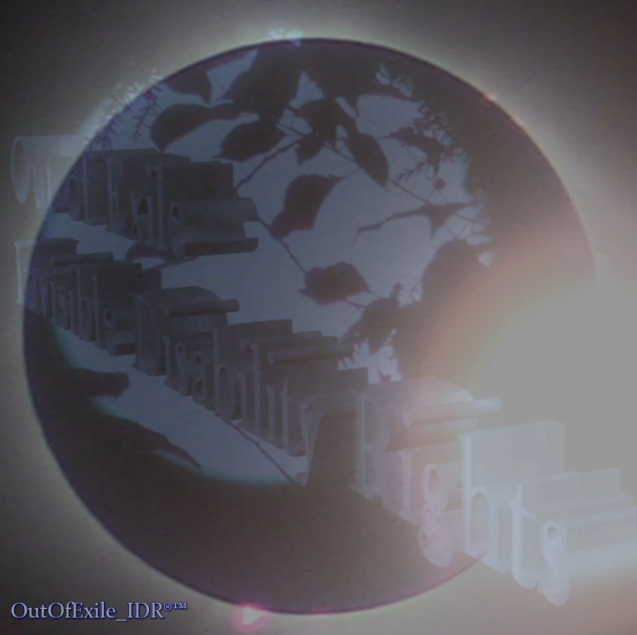 A full moon obscured by trees, with chrome 3D text reading: Out of Exile - Invisible Disability Rights", is superimposed over a still from my raw footage of the solar eclipse. The full moon and Chrome OutOfExile text glows, as if part of the diamond ring effect. The full moon image is a a still from footage taken in New Hampshire – 2015. All images, graphics and designs by: OutOfExile_IDR™ ©2021 ©2024