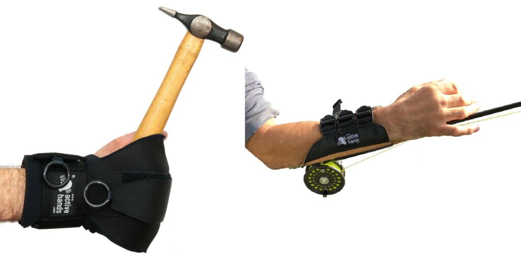 Alt text – Right: Photograph of a person's hand equipped with a general purpose gripping device, and holding a hammer. 
Left: Another device is attached to a person's forearm, securing a fishing pole, as the rod runs between the fingers.