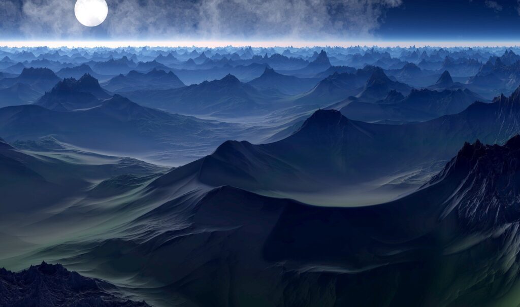 Image is an AI generated artwork by JCK5H showing exigent ripples raging across a large, choppy body of water. In the foreground the peaks of water are colored in shades of black and gray, highlighted by the distant moon. As water reaches deeper into the horizon, shades of blue, gradually conquer the dark hues, tinting the waters. On the very edge of the horizon, the lightest blue waves, transform to a brilliant white along the horizon, where calming sea meets the midnight sky. The "shimmering white mist, still surrounds the brilliant full moon ablaze. I generally do not use AI images. I never use AI in my writing or alt text descriptions