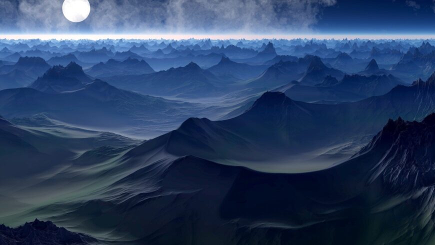 Image is an AI generated artwork by JCK5H showing exigent ripples raging across a large, choppy body of water. In the foreground the peaks of water are colored in shades of black and gray, highlighted by the distant moon. As water reaches deeper into the horizon, shades of blue, gradually conquer the dark hues, tinting the waters. On the very edge of the horizon, the lightest blue waves, transform to a brilliant white along the horizon, where calming sea meets the midnight sky. The "shimmering white mist, still surrounds the brilliant full moon ablaze. I generally do not use AI images. I never use AI in my writing or alt text descriptions