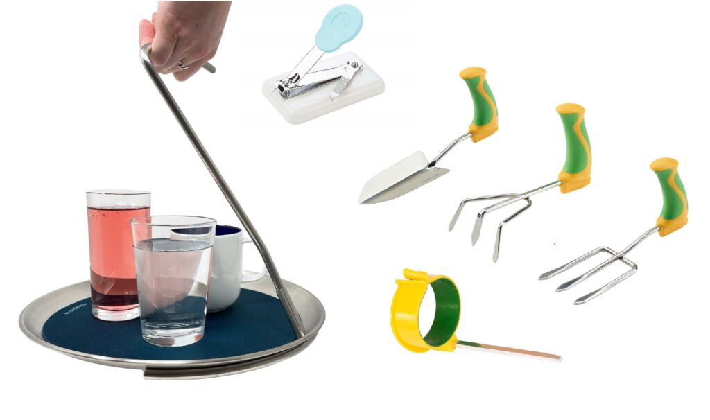 Pictured - A variety of Active Hands products: the Topple-Tray has a handle attached to keep drinks level while carrying.  A set of 90° handled garden tools.  A tabletop nail clipper with a palm-push paddle a wide base to prevent tipping while clipping.