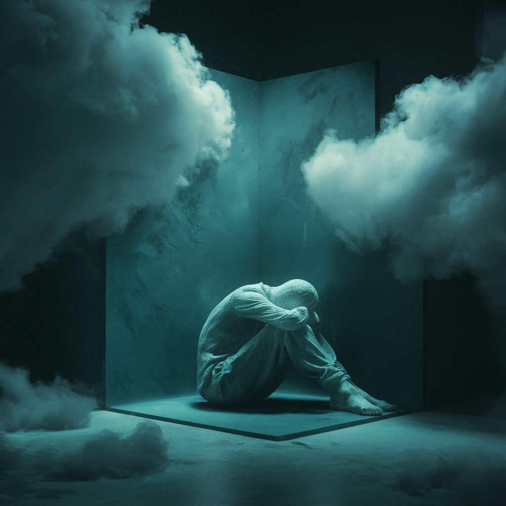 Illustration of a person sitting on the floor in the corner with their head and hands resting on their up-bent knees. There does not seem to be a room, just the corner surrounded by darkness and clouds. The clouds above the distressed person's head are parting, and a healing glimmer of light shines through. That light, is usually the kindness of others. Be good to one another.