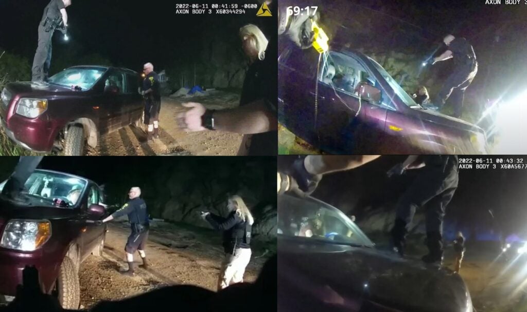 Image is a collage of four photos from body cam footage at the scene of the murder.  Each photo was taken from a different body camera showing multiple officers pointing guns at Christian wife sitting in his vehicle.  One shows an officer standing on the vehicle's hood, pointing his gun at Christian through the windshield, at point-blank range.  Another shows what appears to be the moment one deputy held the door closed while Christian was being shot. 