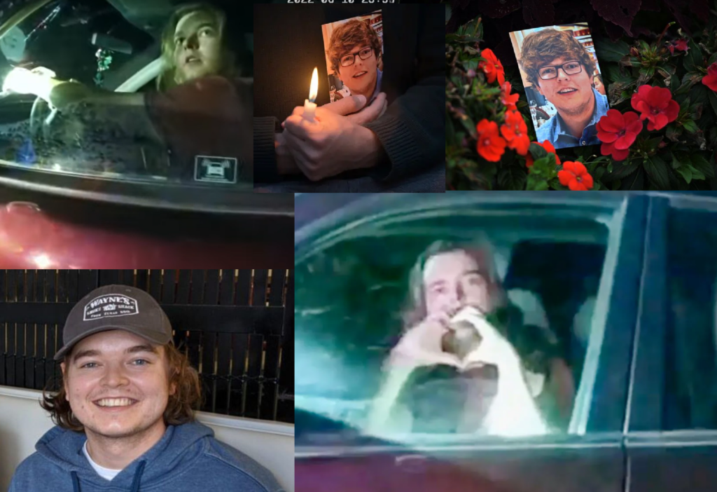 A collage of various images of Christian Glass. Top left: part two photos of Christian wearing glasses, one being lit by a candle, held by someone individual for Christian. The other is the same photo centered in a cluster of flowers on Memorial. Bottom right: is a photograph of Christian wearing a light blue hoodie and dark gray, smiling as he enjoys a meal out. Top right and bottom left our photos taken from police body cam footage from the night police killed Christian glass. One photo shows Christian looking up at officers with his hands on the steering wheel of his car, in full view. The other, shows Christian making a heart sign with his hands to police, through the driver's side window of his car.