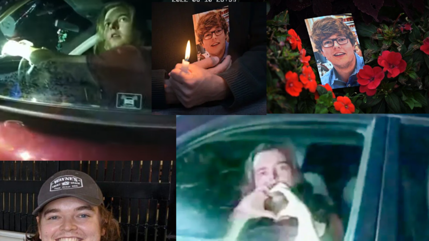 A collage of various images of Christian Glass. Top left: part two photos of Christian wearing glasses, one being lit by a candle, held by someone individual for Christian. The other is the same photo centered in a cluster of flowers on Memorial. Bottom right: is a photograph of Christian wearing a light blue hoodie and dark gray, smiling as he enjoys a meal out. Top right and bottom left our photos taken from police body cam footage from the night police killed Christian glass. One photo shows Christian looking up at officers with his hands on the steering wheel of his car, in full view. The other, shows Christian making a heart sign with his hands to police, through the driver's side window of his car.