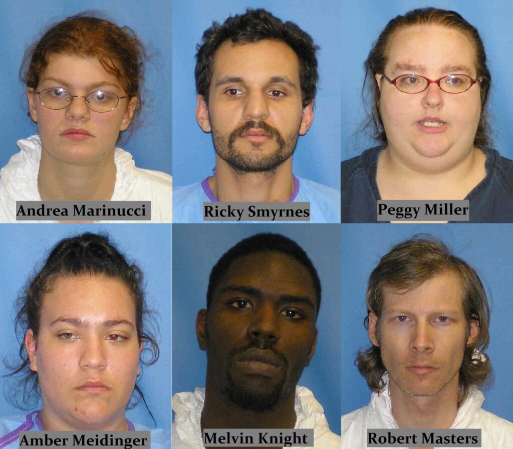 Image is a collage showing the mugshots of the Greensburg's. Pictured top rleft to right: Andrea Marinucci, Ricky Smyrnes and Peggy Miller.
Bottom left to right: Amber Miedinger , Melvin Knight, and Robert Masters.
