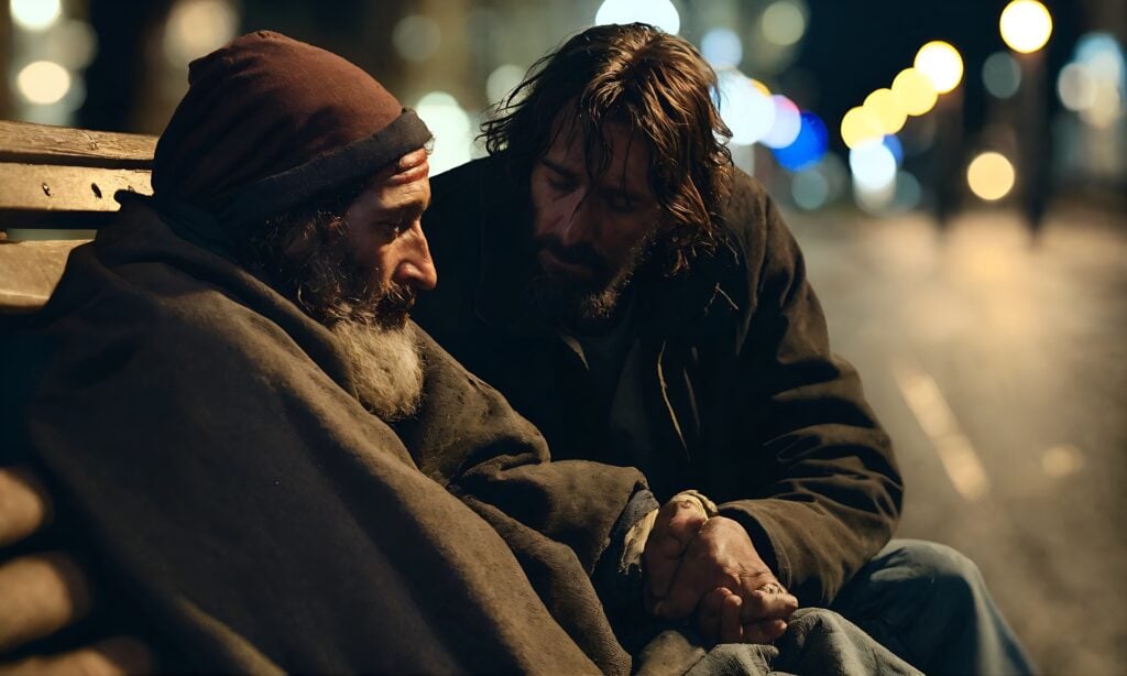 Photograph of what appears to be, a sad homeless man sitting on a park bench. Another man with disheveled hair sits next to him. He appears to be comforting the other man, as he leans toward him and hold his hand. The image also shows Compassion. Image by Jesse Quinn Media