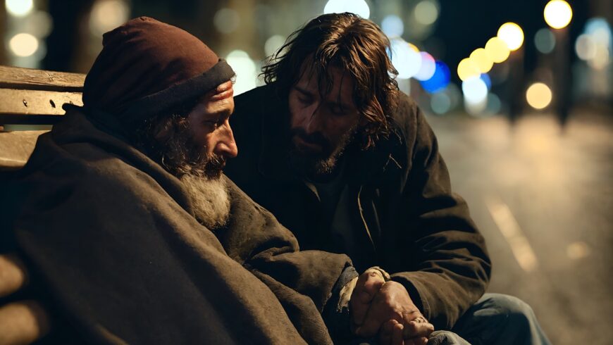 Photograph of what appears to be, a sad homeless man sitting on a park bench. Another man with disheveled hair sits next to him. He appears to be comforting the other man, as he leans toward him and hold his hand. The image also shows Compassion. Image by Jesse Quinn Media