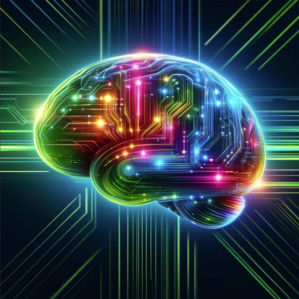 illustration of the brain that appears to resemble circuitry of the computer. Each channel is shaded in a different color ranging from green, yellow, orange, pink, and blue. The background is black with what appeared to be green and blue electrical type impulses emitting from the brain.