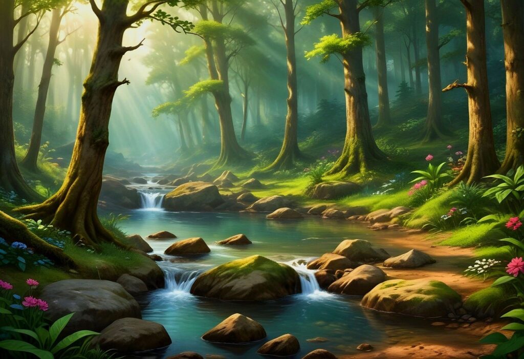 Illustration of a gentle stream meandering through a mossy forest. Rocks are scattered throughout the brook, channeling it to create tiny waterfalls. The trees on each side lean inward, as the landscape descends to the blue-green water's edge. A colorful array of flowers lines the banks, as rays of light burst through the foliage in the distance.