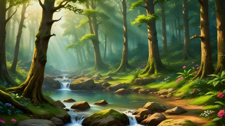 Illustration of a gentle stream meandering through a mossy forest. Rocks are scattered throughout the brook, channeling it to create tiny waterfalls. The trees on each side lean inward, as the landscape descends to the blue-green water's edge. A colorful array of flowers lines the banks, as rays of light burst through the foliage in the distance.